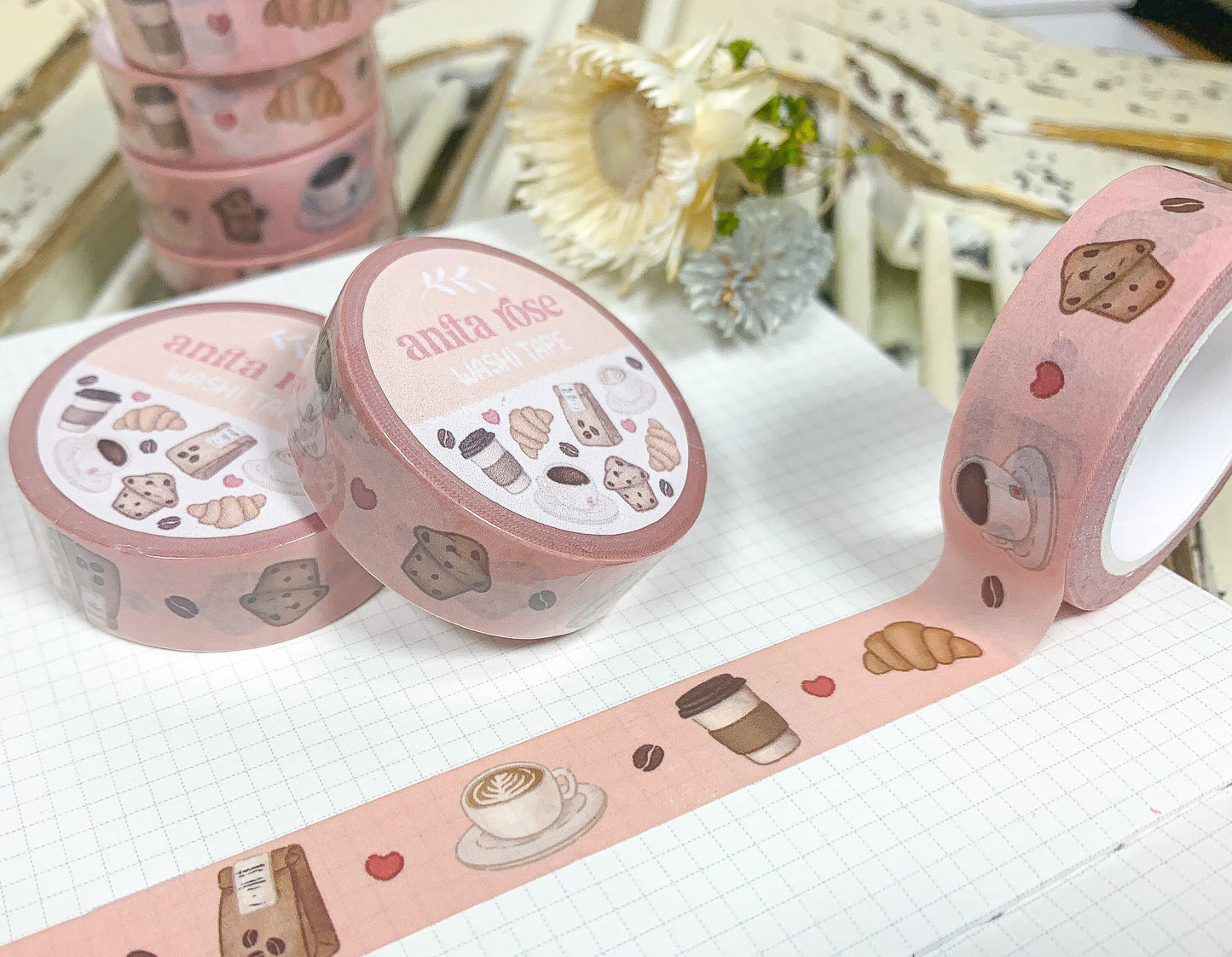 Coffee Time Washi Tape | Decorative Tape, Washi, Journal, Envelope, Planner, Notebook, Coffee, Cafe, Java, Bakery, Latte, Aesthetic